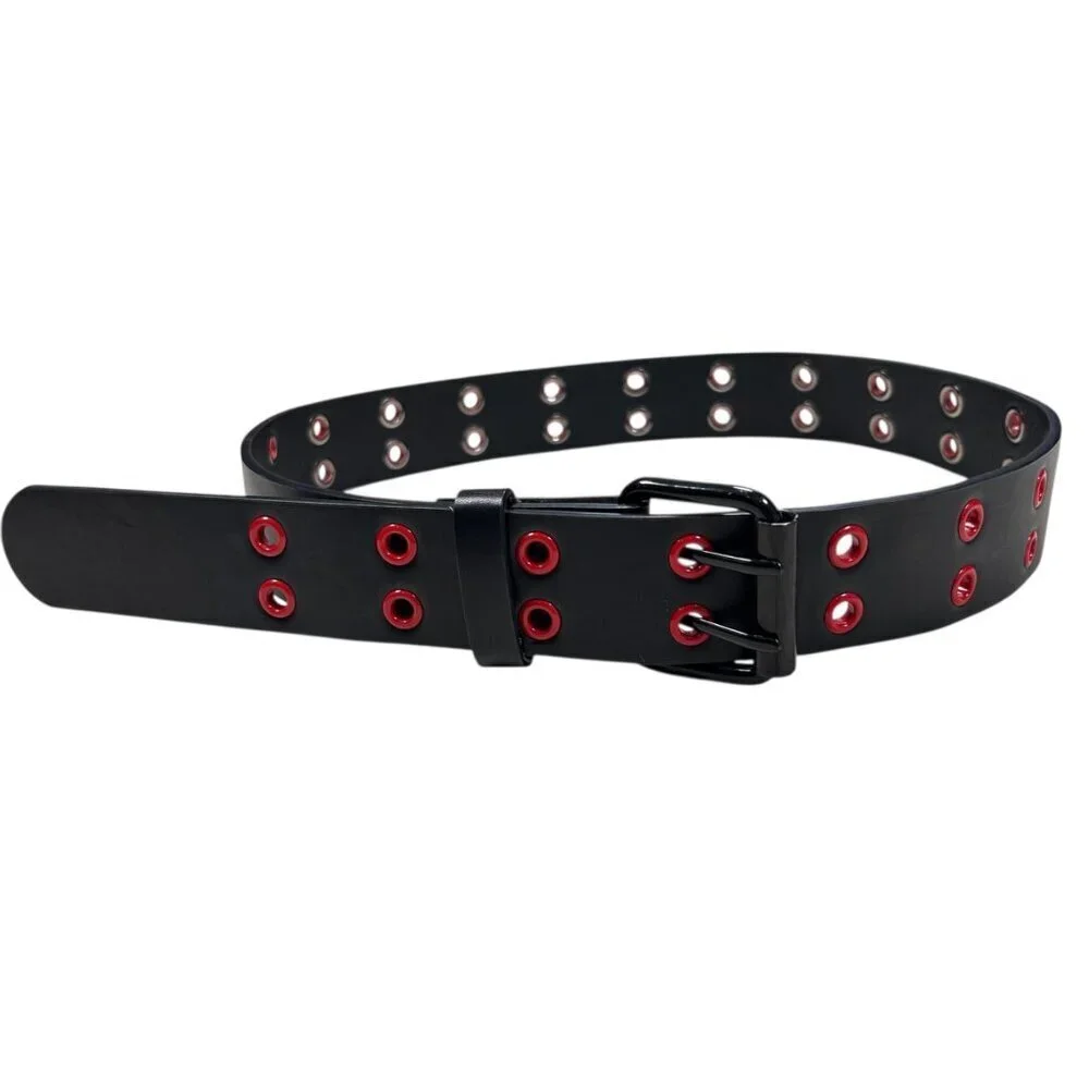 Black Red Vegan Leather Belt Interchangeable Buckle Goth Biker Moto